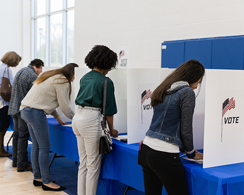 people standing in voting boxes